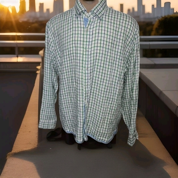 Report Collection Men's shirt XXL Blue Green checkered 100% linen long sleeve - Picture 1 of 11